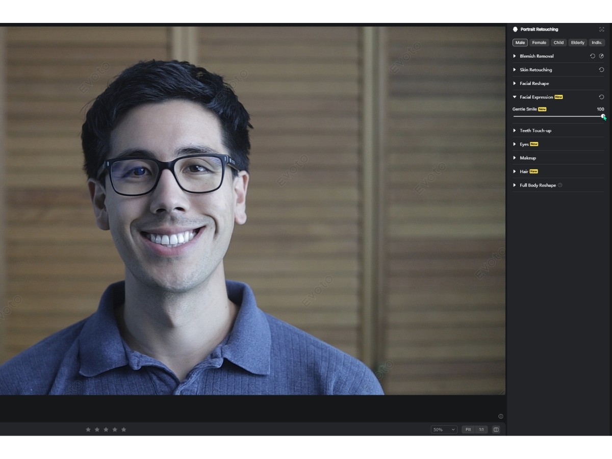 Evoto AI gentle smiler slider edit.